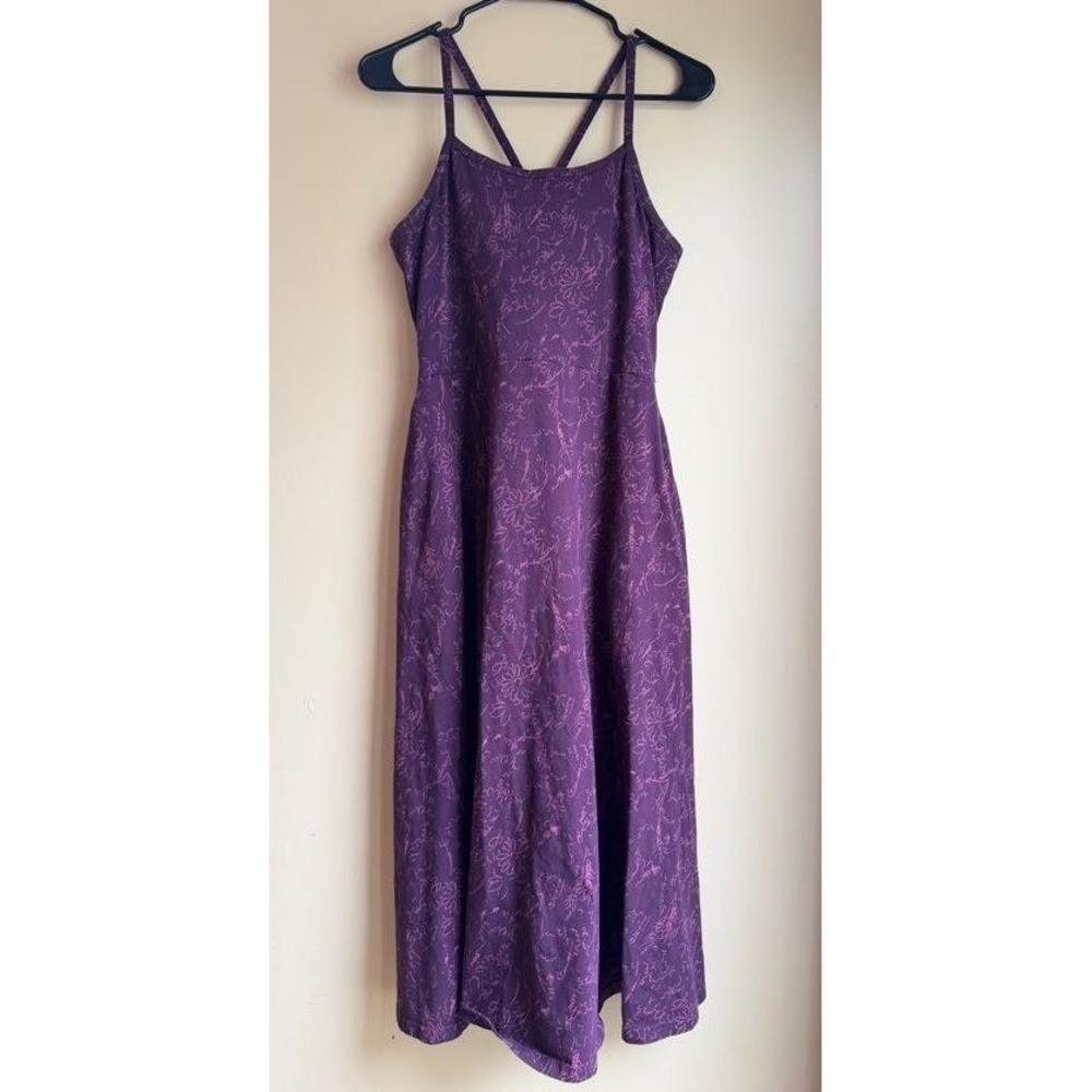 Pact Floral Organic Cotton Midi Dress Sz M Purple Criss Cross Back Beach Coastal - Picture 2 of 13